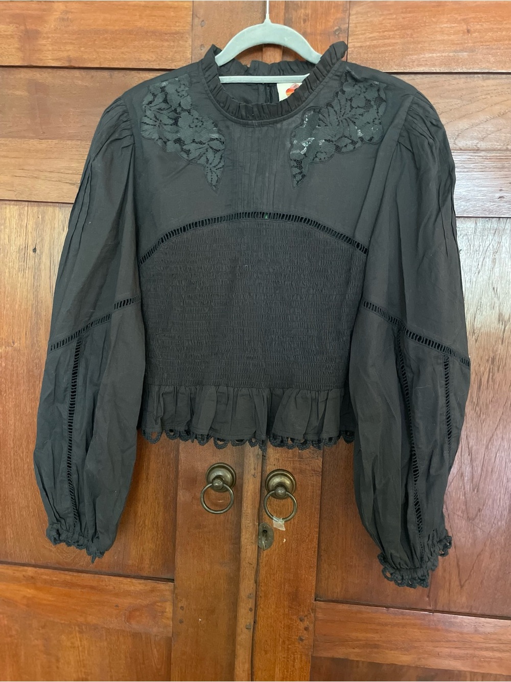 FARM Rio Black Lace Yoke Smocked Peasant Blouse